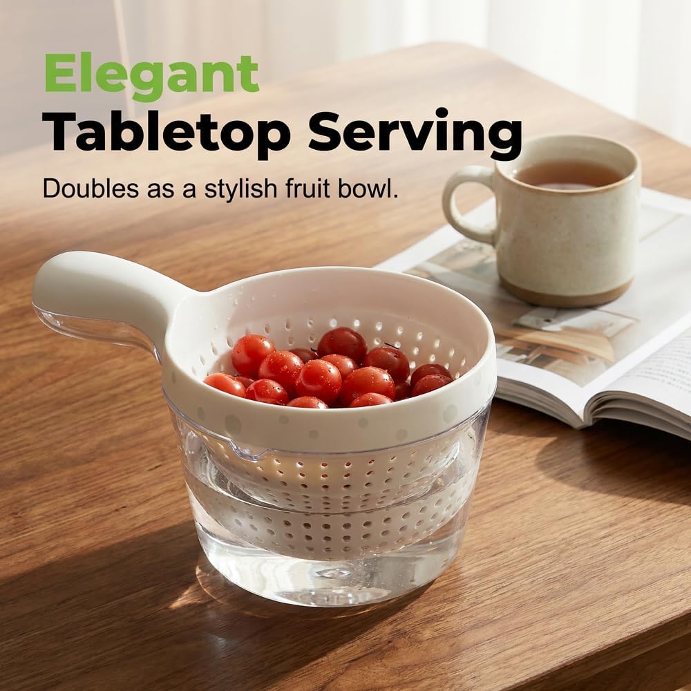 2-in-1 Detachable Fruit Washing Basket, Double-Layer Strainer Colander Bowl Set with Ergonomic Handle, BPA-Free Mess-Free Drain Bowl for Berries/Vegetables/Pasta, 7.48" Small Kitchen Colander (Green)