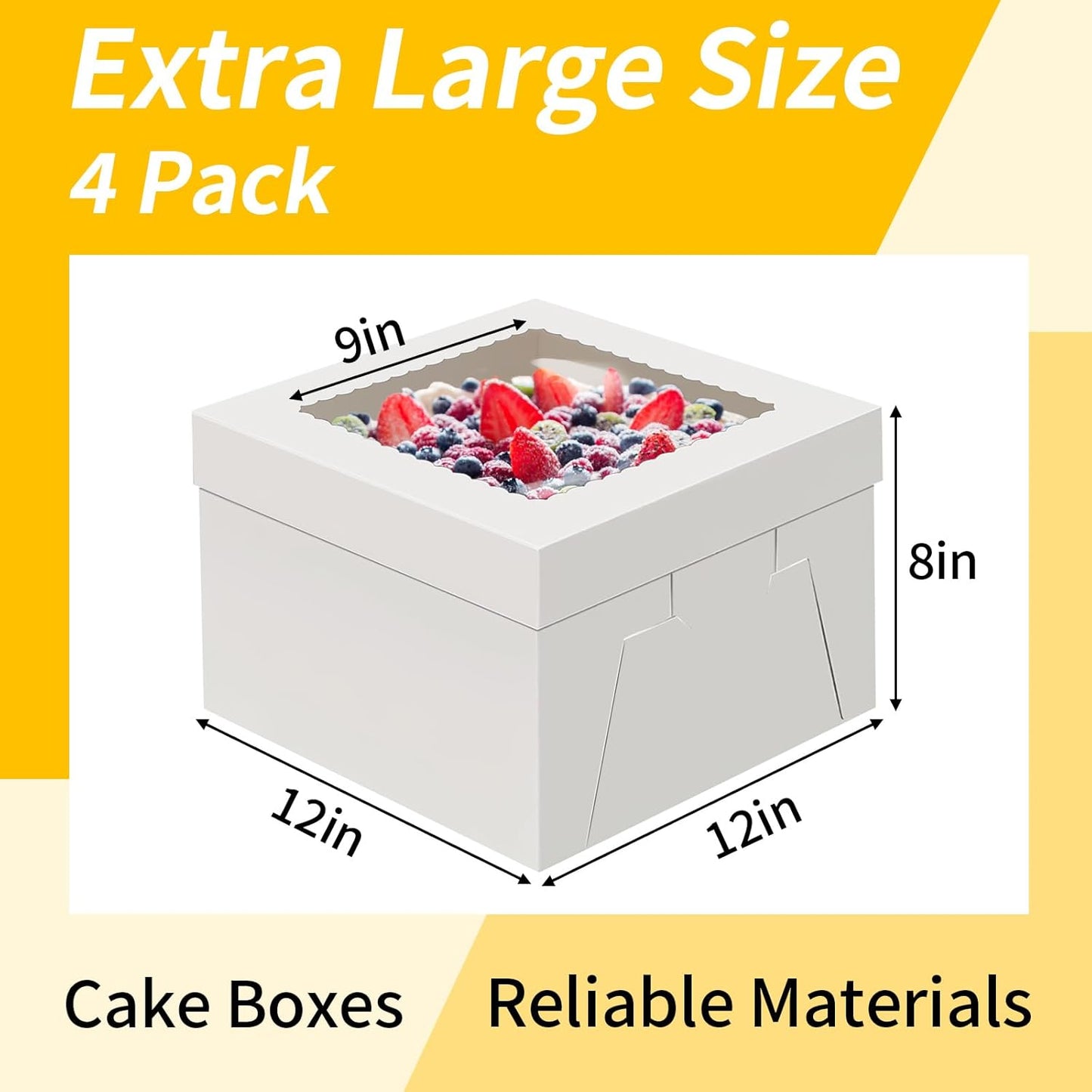 WINKIO 4 Pack Cake Boxes 12 Inch, Disposable Cake Transport Container, Cake Carrier, White Cake Holder with Large Window, for Bakery Cookies Pies Cupcakes Pastry (12×12×8 Inches)