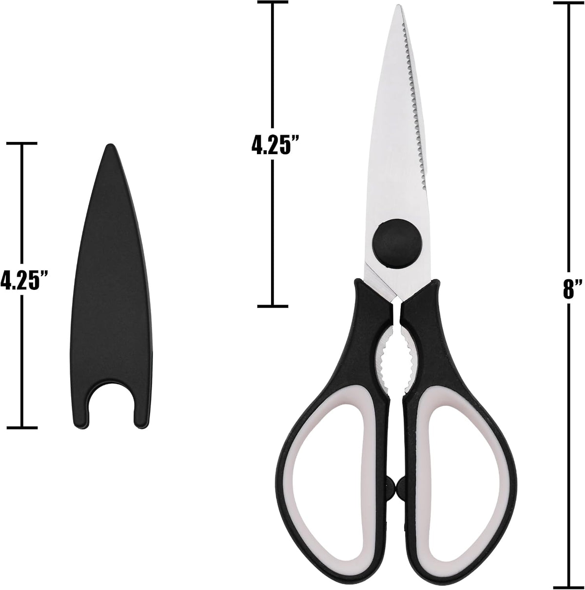 Grip Multi-Purpose Stainless Steel Kitchen Scissors - Non-Slip TPR Grip - Serrated Blade - Cuts Meat, Vegetables, Fish, Poultry, Fruits, Pizza - Nut cracker/Bottle opener - Dishwasher Safe (Blk/Grey)