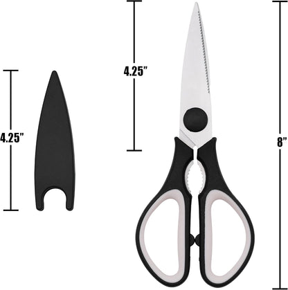 Grip Multi-Purpose Stainless Steel Kitchen Scissors - Non-Slip TPR Grip - Serrated Blade - Cuts Meat, Vegetables, Fish, Poultry, Fruits, Pizza - Nut cracker/Bottle opener - Dishwasher Safe (Blk/Grey)