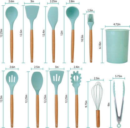 Silicone Kitchen Utensil Set, 11-Piece Non-Stick Safe Cooking Tools with Wooden Handles & Holder - Includes Spatula, Ladle, Tongs, Spoon, Whisk, Pasta Server - Heat Resistant up to 446°F