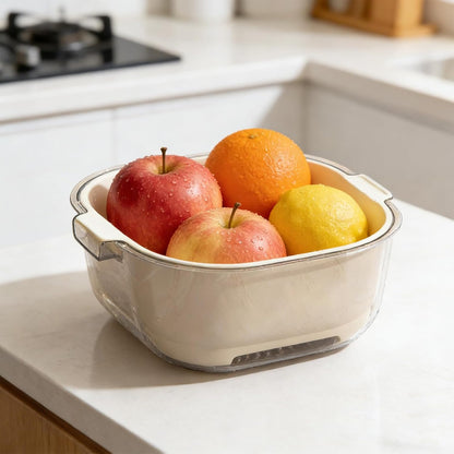 3 Pcs Set Double-Layer Plastic Colander, Large Capacity Food Strainers, Fruits Vegetable Washing Draining Basket, Detachable and Stackable Multi-Layer Strainer Bowl, Easy to Clean for Kitchen (Brown)