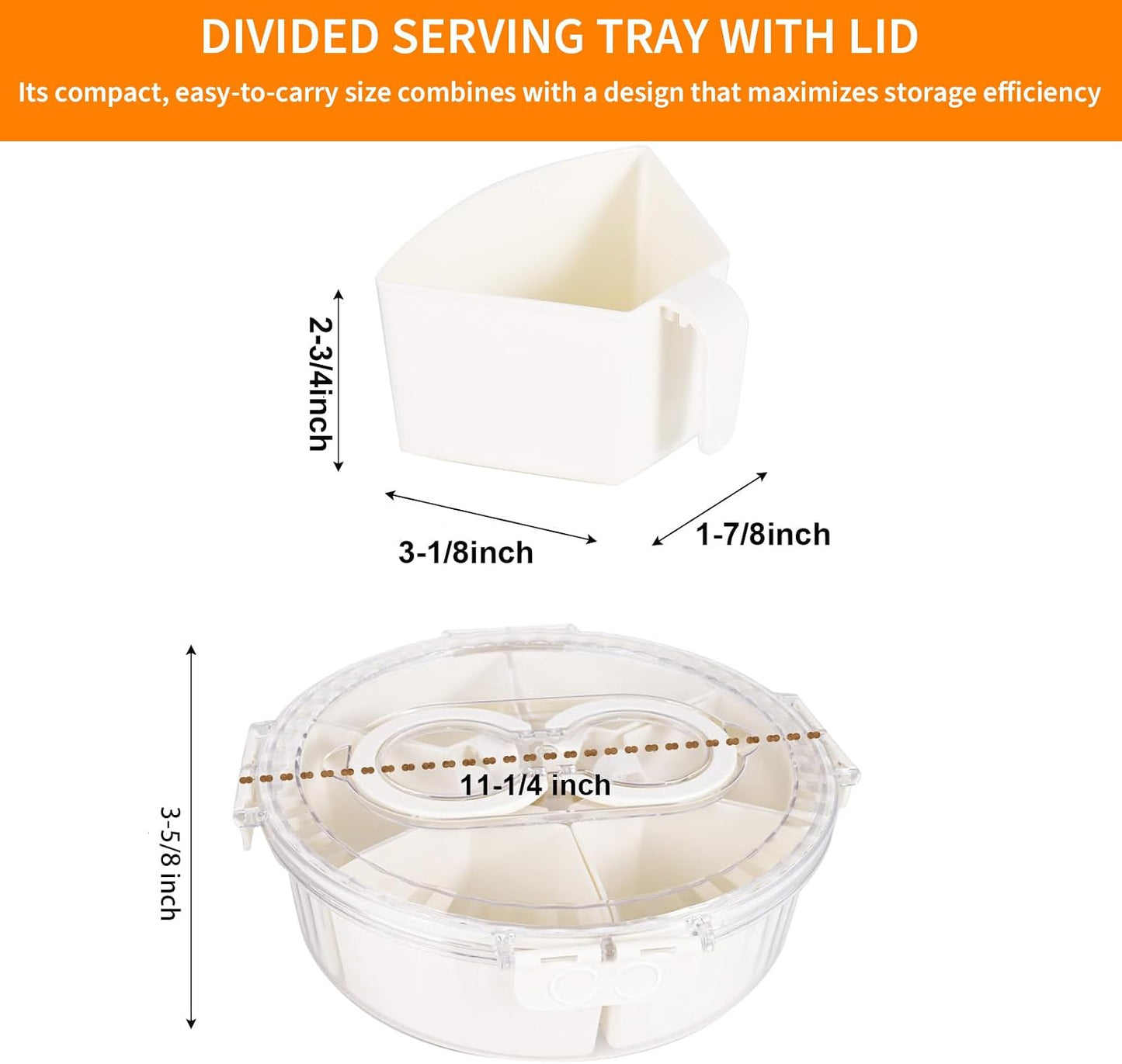 Aufind Divided Serving Tray with Lid and Handle, Stackable Snackle Box Container for Fruits Candy Veggies, Portable Spinning Rounded Tray with 6 Removable Dip Bowls