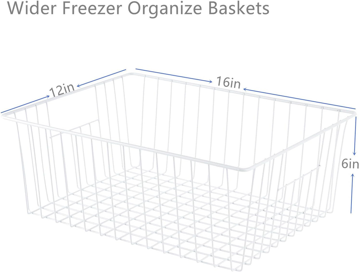 16" L x 12" W Wider Freezer Storage Organizer Baskets Container, Deep Metal Wire Chest Upright Refrigerator Divider Bins with Built-in Handles for Cabinet, Pantry, Closet, Kitchen