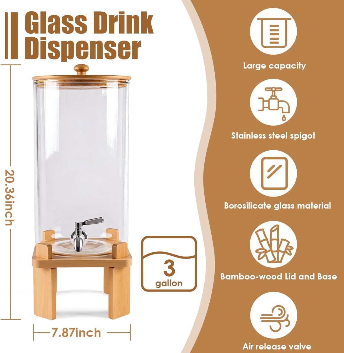 2.3 Gallon Large Glass Drink Dispenser for Parties, Glass Beverage Dispenser with Wood Stand, Juice & Lemonade Dispenser, Iced Beverage Dispenser with Spigot, Water Dispenser for Party with lid