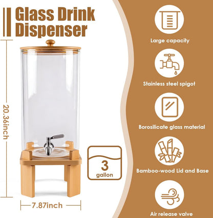 2.3 Gallon Large Glass Drink Dispenser for Parties, Glass Beverage Dispenser with Wood Stand, Juice & Lemonade Dispenser, Iced Beverage Dispenser with Spigot, Water Dispenser for Party with lid