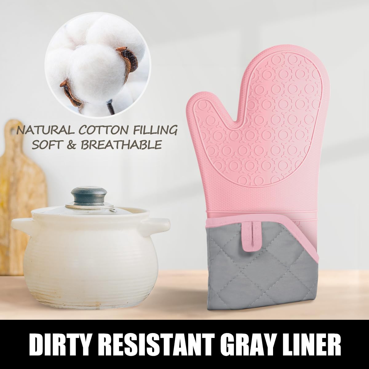 RORECAY Silicone Oven Mitts and Pot Holders Sets, Gloves for Kitchen, Beige