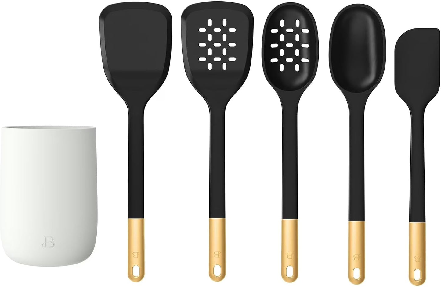 6 Piece Silicone Kitchen Utensil Set with Holder, Heat Resistant Cooking Tools, Nonstick Safe Spatula Spoon Turner Set with Ceramic Storage Crock