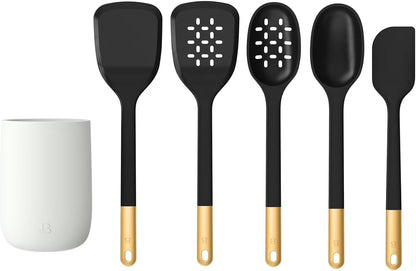 6 Piece Silicone Kitchen Utensil Set with Holder, Heat Resistant Cooking Tools, Nonstick Safe Spatula Spoon Turner Set with Ceramic Storage Crock