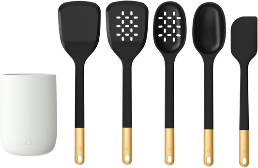 6 Piece Silicone Kitchen Utensil Set with Holder, Heat Resistant Cooking Tools, Nonstick Safe Spatula Spoon Turner Set with Ceramic Storage Crock