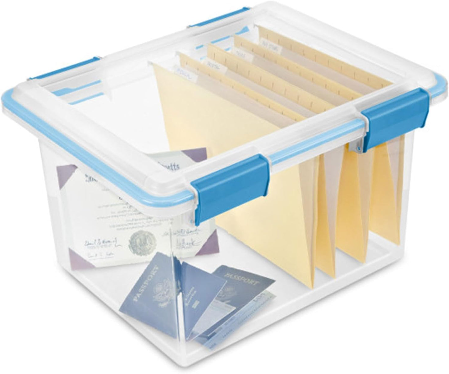 Sterilite 80 Qt Gasket Box, Stackable Storage Bin with Latching Lid and Tight Seal, Plastic Container to Organize Basement, Clear Base and Lid, 1-Pack
