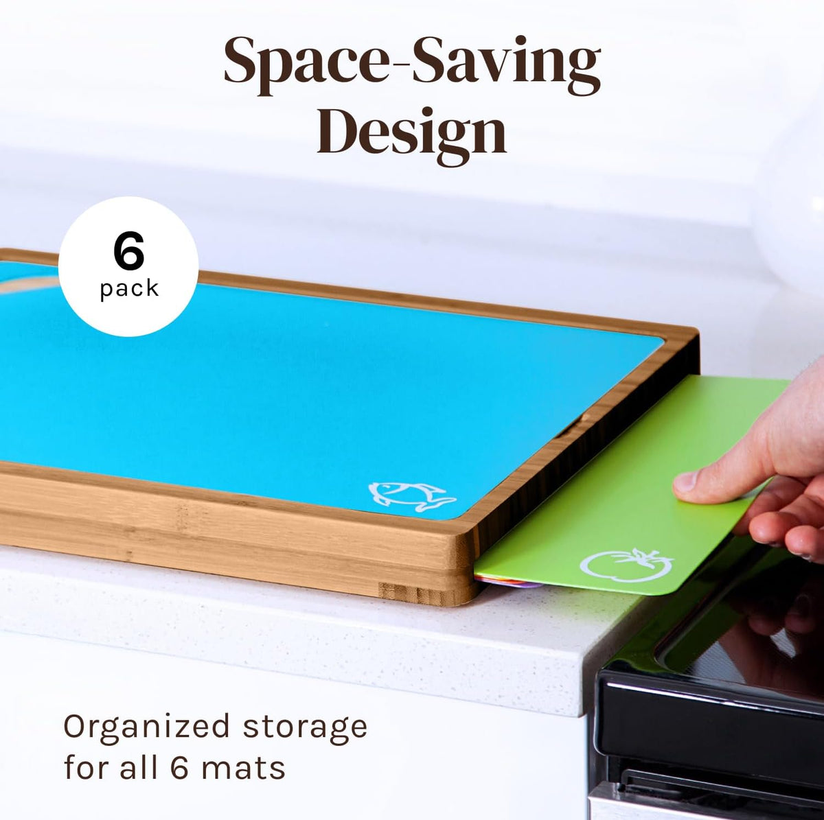 Bamboo Cutting Board Set with 6 Color Coded Flexible Mats Food Icons, BPA-Free Non Slip Easy Clean Cutting Boards for Kitchen with Holder, Dishwasher Safe, Meal Prep & Serving, Large | Cooler Kitchen