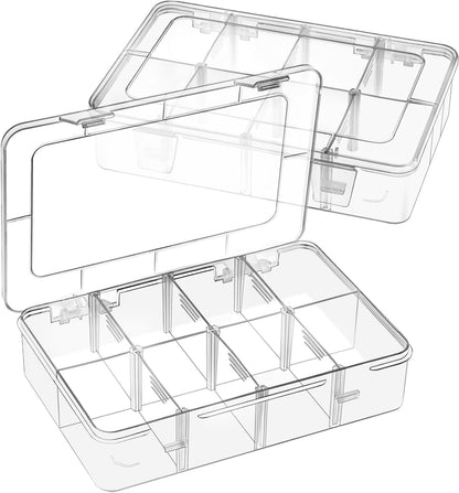 2 Pack 8 Grids Bead Organizer and Storage, Plastic Organizer Box with Removable Dividers and Labels for Jewelry Crafts Small Parts Electronics Tackle Boxes (2)