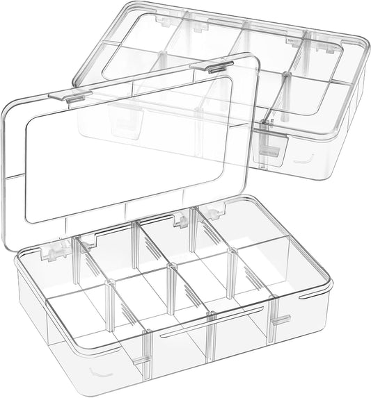 2 Pack 8 Grids Bead Organizer and Storage, Plastic Organizer Box with Removable Dividers and Labels for Jewelry Crafts Small Parts Electronics Tackle Boxes (2)