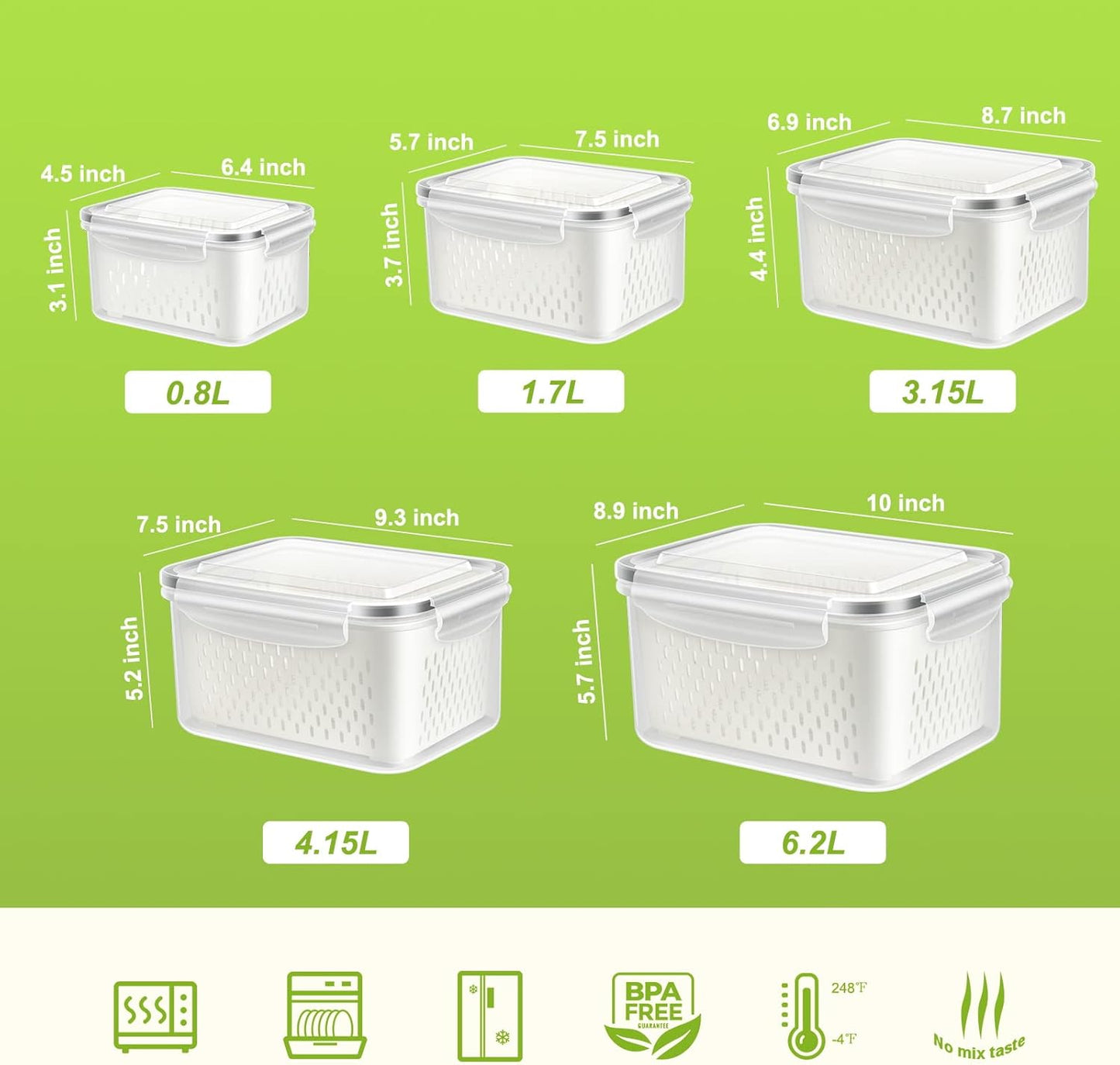 10 Pieces Fruit Storage Container for Fridge, 5 Pack Plastic Fruit Containers for Fridge with Removable Colander, Container for Fruit Berry Salad, BPA Free Kitchen Refrigerator Organizers