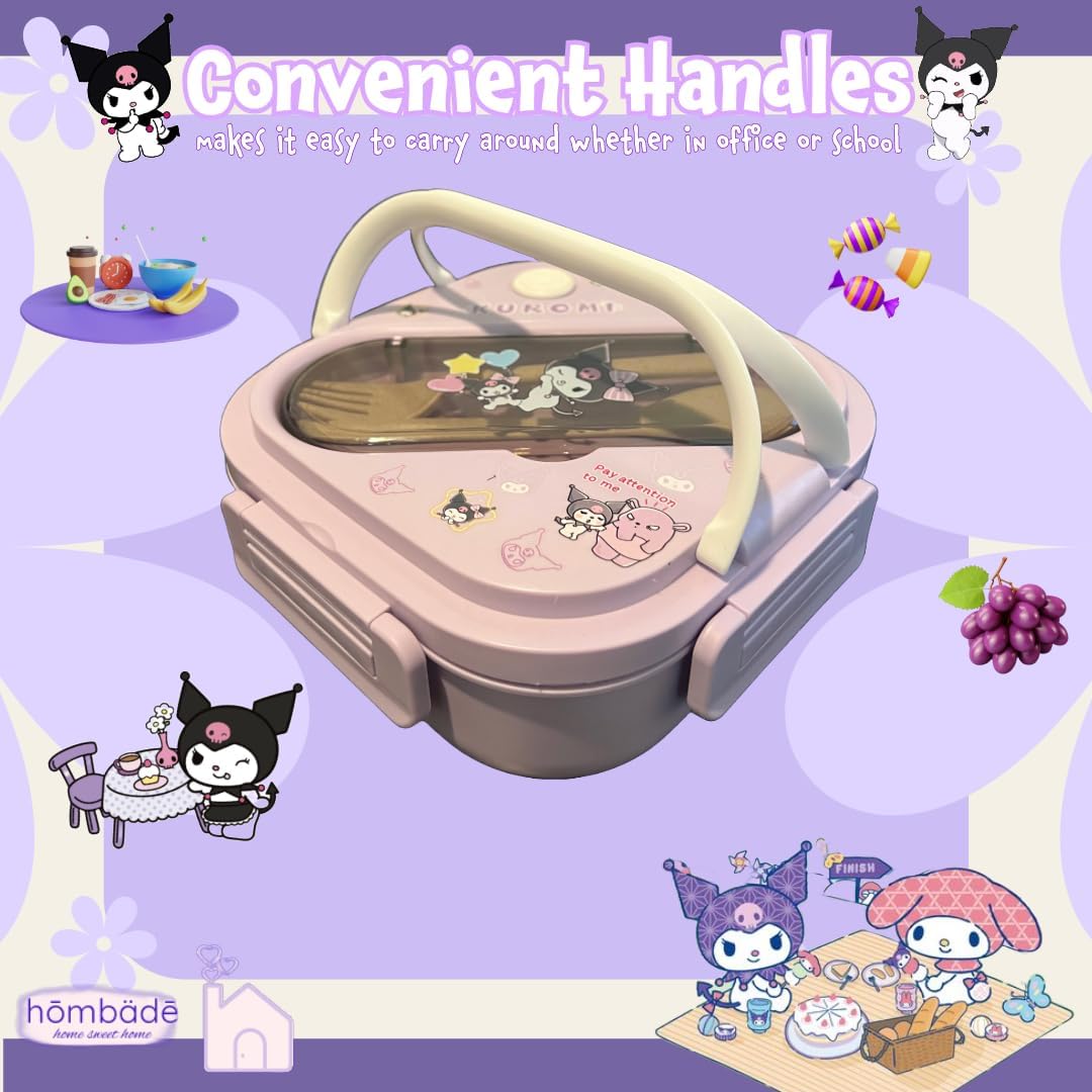Bento Lunch Box Container Set with 3 Compartments Portable Personal Sealed Plastic Utensils Food Container Cute Kawaii Anime Kitty Bunny Dog (Pink Kitty)