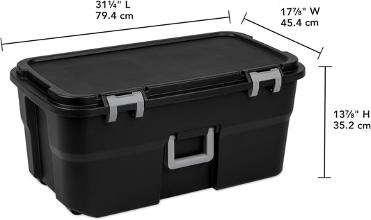 22 Gallon Large Wheeled Footlocker, Heavy Duty Plastic Storage Trunk Container, Lockable with Wheels and Handle, Black