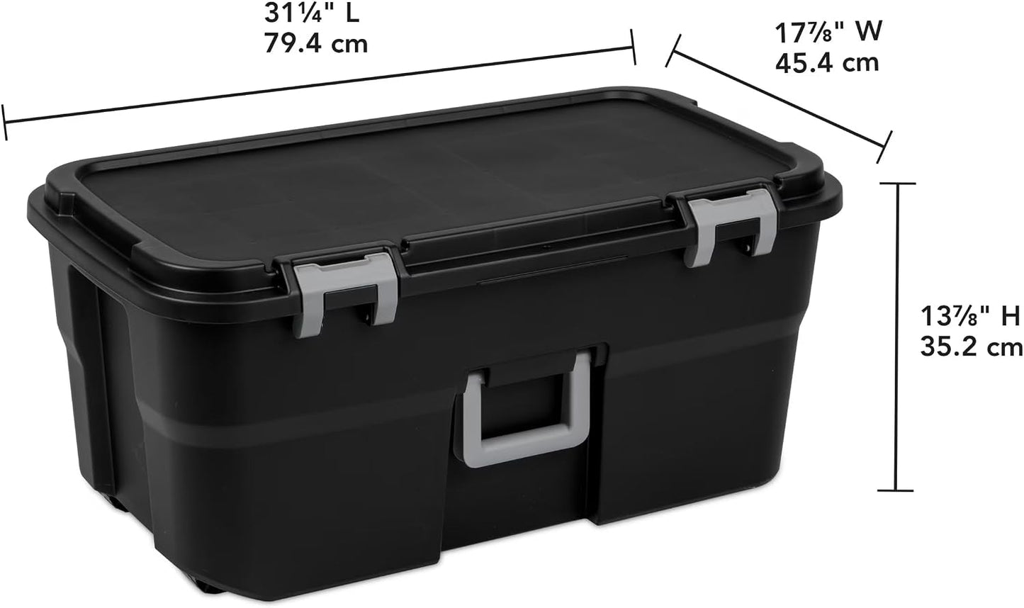 22 Gallon Large Wheeled Footlocker, Heavy Duty Plastic Storage Trunk Container, Lockable with Wheels and Handle, Black