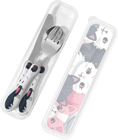 3-Piece Kids Silverware Set With Storage Case, Stainless Steel Reusable Children Safe Knife Spoon Fork Set Cute Kittens Children Flatware Set For Kids Lunch Box