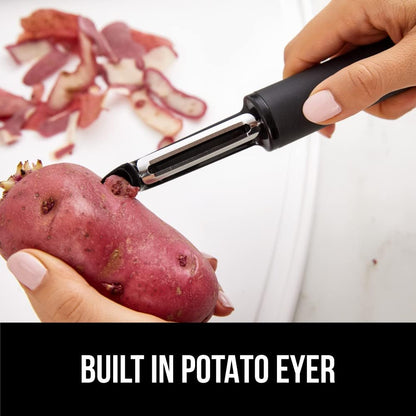 GORILLA GRIP® Patented BPA-Free Vegetable Peeler, Extra Sharp Swivel Stainless Steel Blades with Guard, Comfortable Soft Handle, Easily Peel Carrots or Fruit, Potato Eye Remover, Washer Safe, Black
