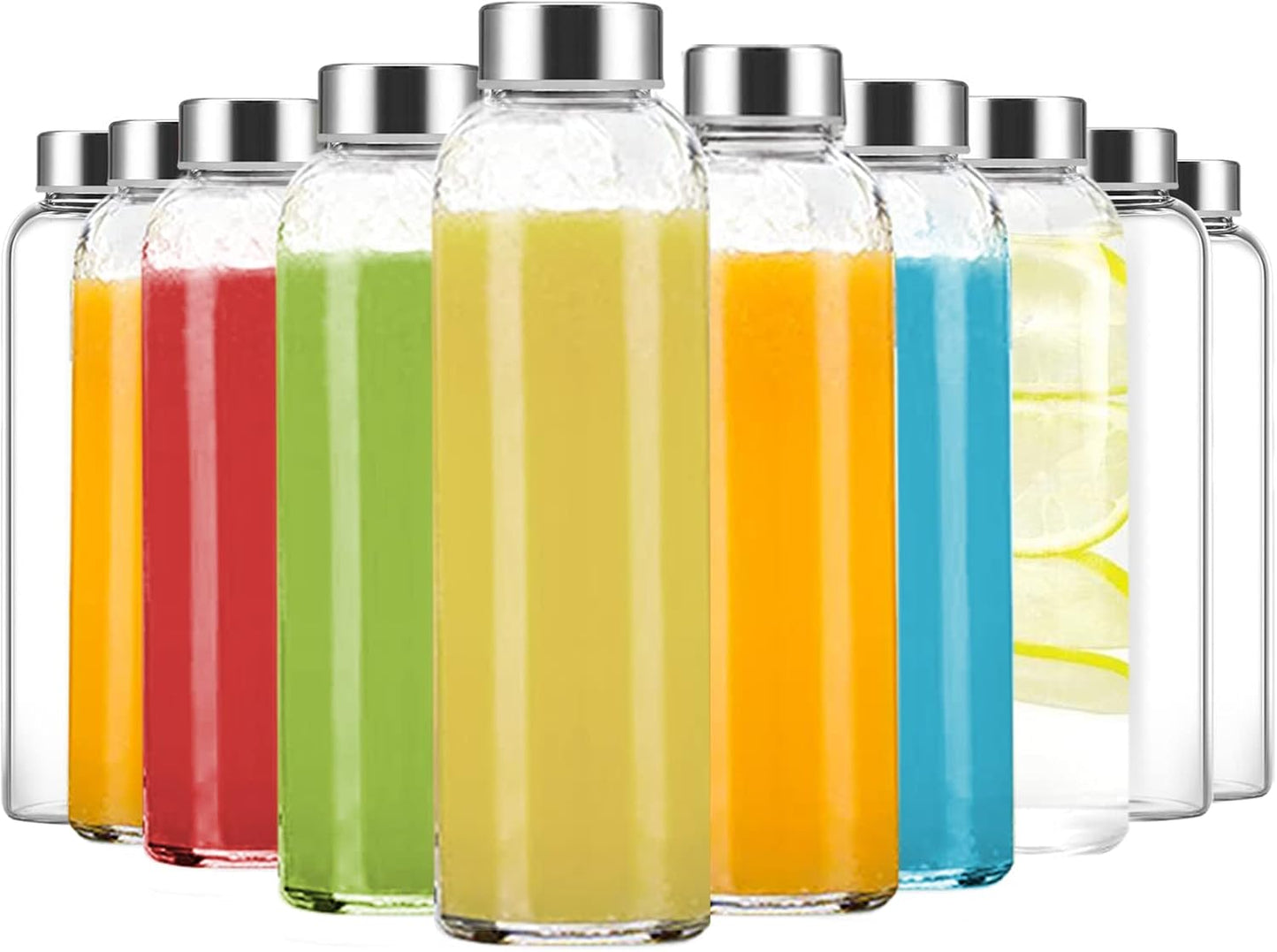 Clear Glass Bottles with Lids 18 oz, Reusable Glass Water Bottles with Stainless Steel Cap for Refrigerator, Juicing, 100% Leak Proof, BPA Free, Juice Bottle Drinking Jar Containers Set of 6