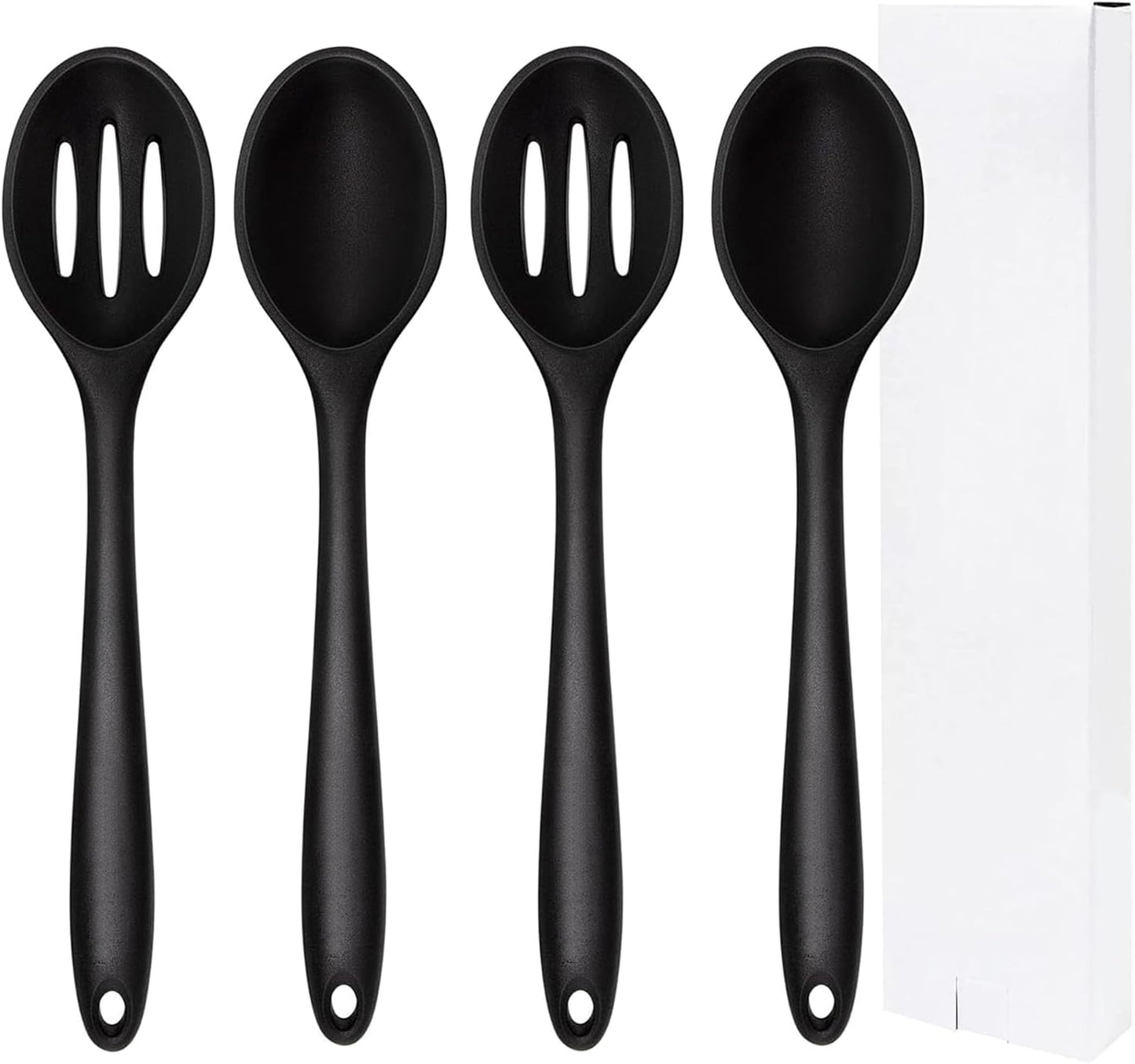 Silicone Cooking Spoon, Nonstick Kitchen Spoons Set for Cooking,Slotted and Solid Serving Spoon Heat Resistant, Silicone Mixing Basting Stirring Spoons for Nonstick Cookware 4 Pack (Black)