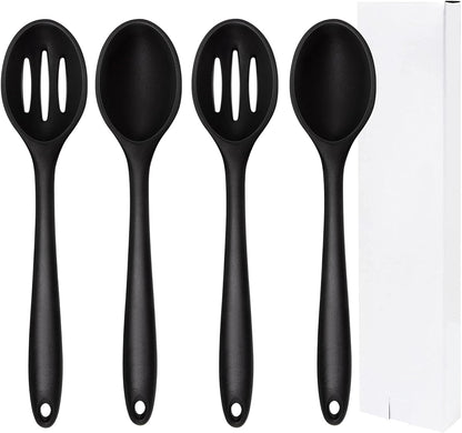 Silicone Cooking Spoon, Nonstick Kitchen Spoons Set for Cooking,Slotted and Solid Serving Spoon Heat Resistant, Silicone Mixing Basting Stirring Spoons for Nonstick Cookware 4 Pack (Black)