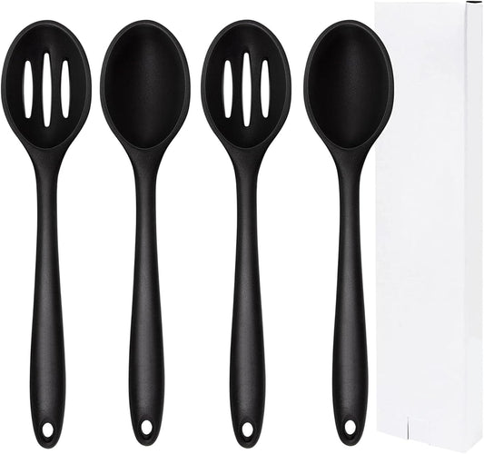 Silicone Cooking Spoon, Nonstick Kitchen Spoons Set for Cooking,Slotted and Solid Serving Spoon Heat Resistant, Silicone Mixing Basting Stirring Spoons for Nonstick Cookware 4 Pack (Black)