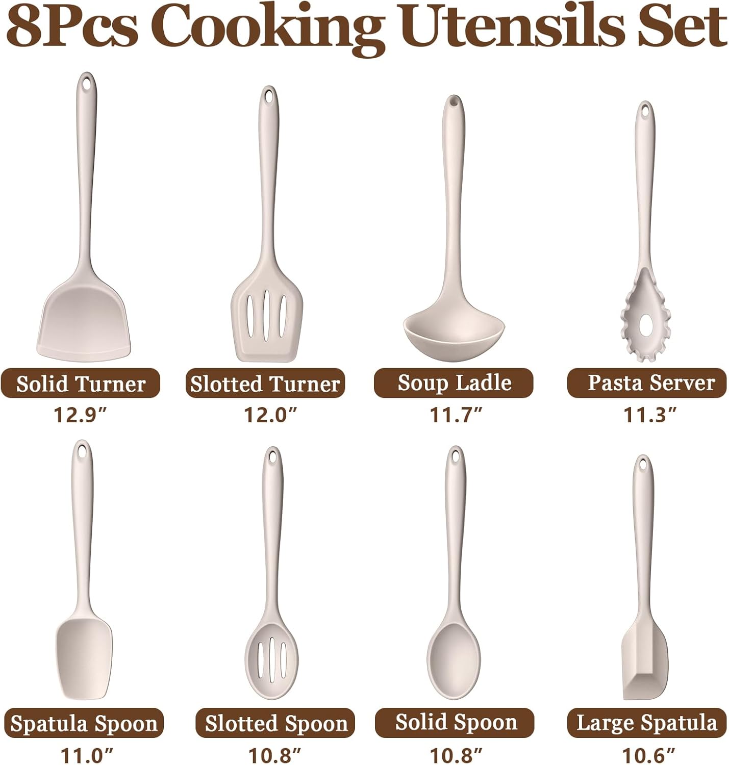 LIANYU Non-Toxic Silicone Kitchen Utensils Set, 8 Piece Non-Scratch Cooking Spoons & Spatulas, Stainless Steel Core, Heat Resistant & Dishwasher Safe, Khaki
