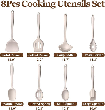 LIANYU Non-Toxic Silicone Kitchen Utensils Set, 8 Piece Non-Scratch Cooking Spoons & Spatulas, Stainless Steel Core, Heat Resistant & Dishwasher Safe, Khaki