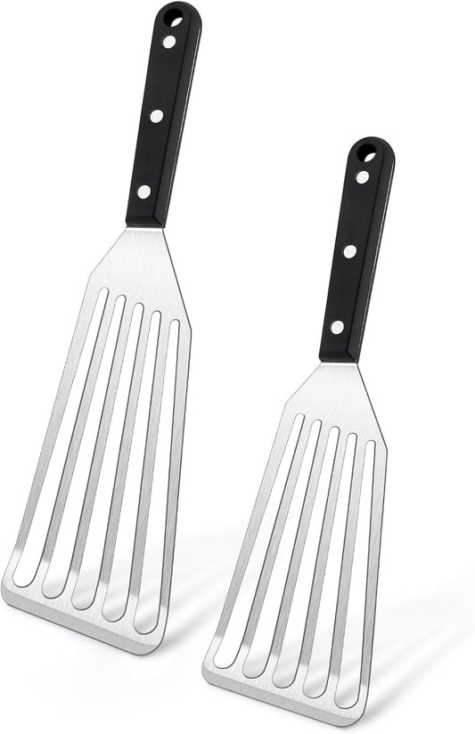 Joyfair Metal Fish Spatulas, 2 Pcs Stainless Steel Turner (ABS Handle) | Flexible Blade, Dishwasher Safe, Slotted Turner Utensil for Kitchen Cooking & Outdoor Griddle Grilling Flipping, Large&Small