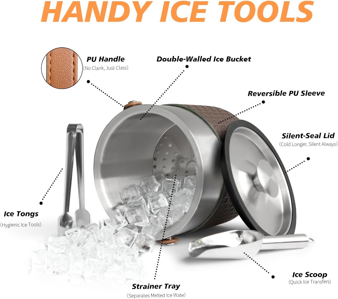Bakpoco Double-Wall Vacuum Insulated Ice Bucket with Lid, Scoop, Ice Tong, Strainer & Leather Handle Keep Ice Frozen Longer Large Wine Ice Buckets for Cocktail Bar,Parties Chilling Beer Champagne 3L