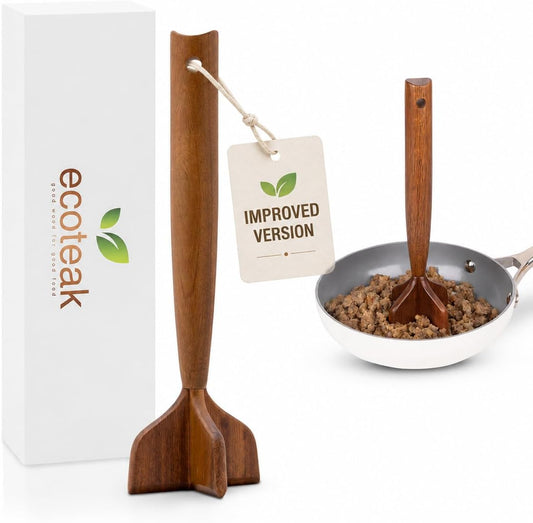 Teak Wood Meat Masher & Ground Beef Masher, Wooden Meat Chopper for Ground Beef, Hamburger Smasher Tool, Wood Potato Masher, Non-Toxic Kitchen Utensil, 10.5 Inch
