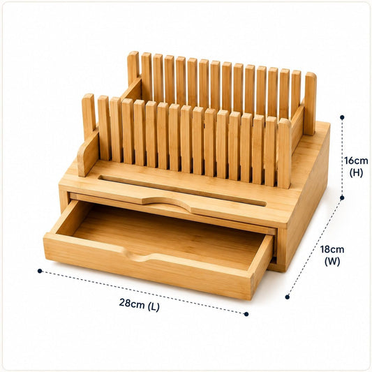 Bamboo Bread Slicer with Crumb Catcher Tray, Adjustable Slicing Guide and Knife Storage Drawer - Even Slice Loaf Cutter