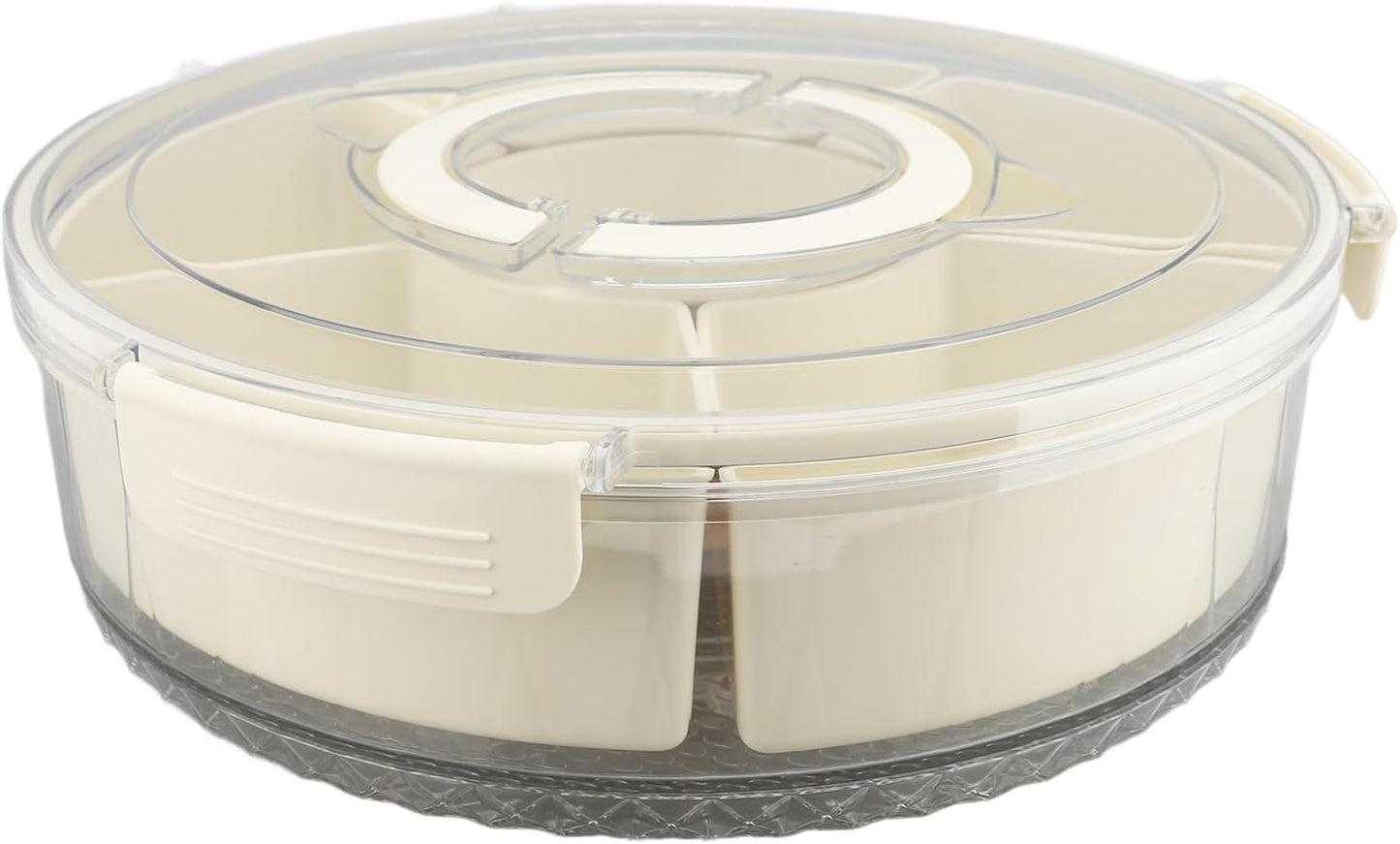 Divided Serving Tray, 360 Degree Rotating Snack Container with 6 Compartments and Transparent Cover Lid, for Party Picnic Beach Travel