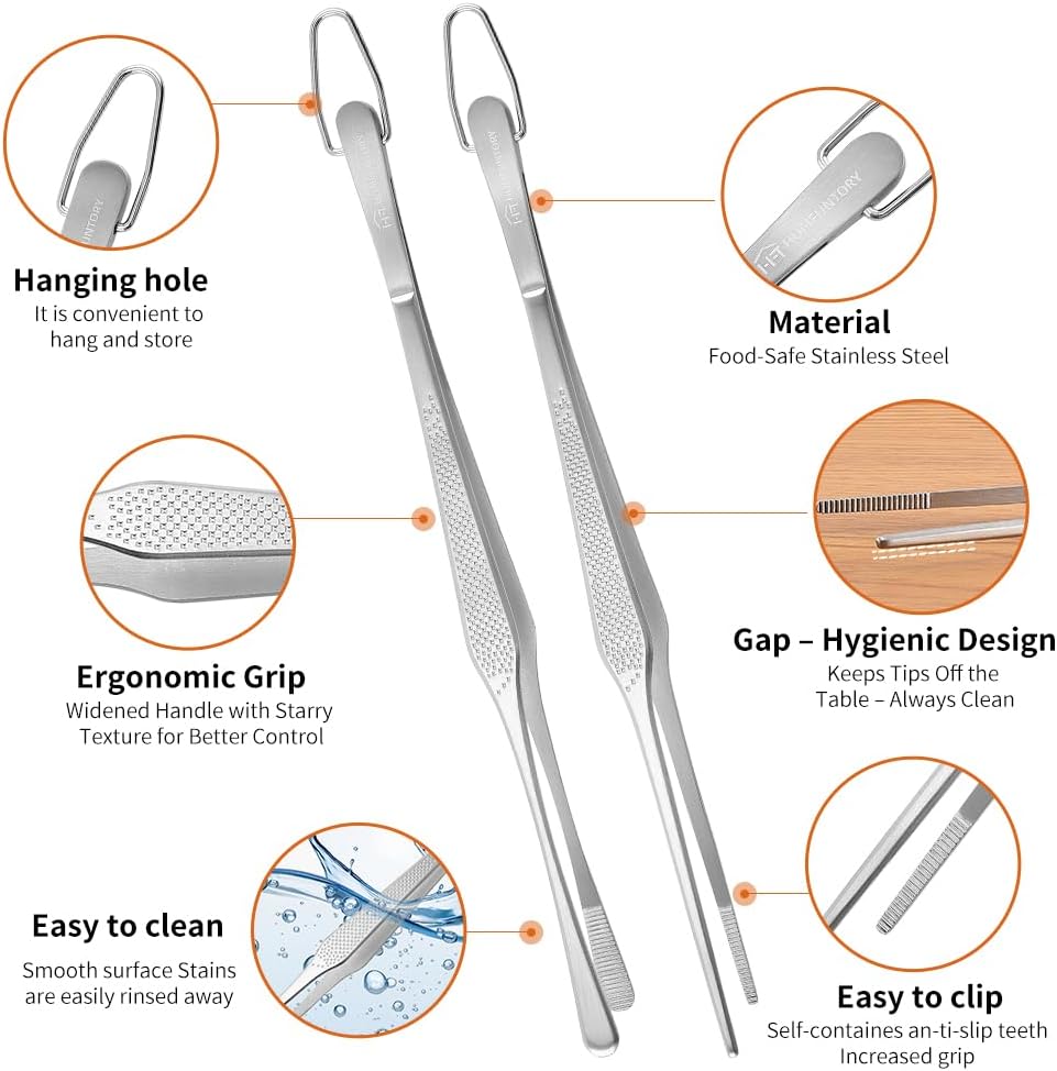 Stainless Steel Cooking Tweezers, 12-Inch Precision Kitchen Tweezers with Star Dot Texture, Wider Grip & Elevated Tips | Galaxy Grip Series, 2 Pcs (Black)