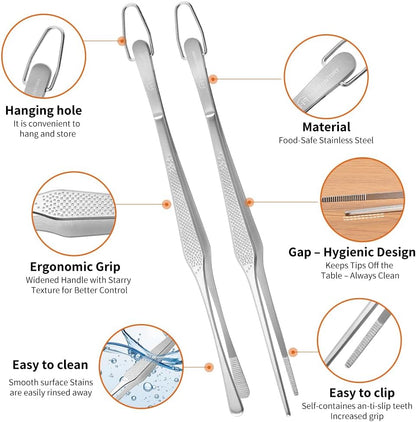 Stainless Steel Cooking Tweezers, 12-Inch Precision Kitchen Tweezers with Star Dot Texture, Wider Grip & Elevated Tips | Galaxy Grip Series, 2 Pcs (Black)