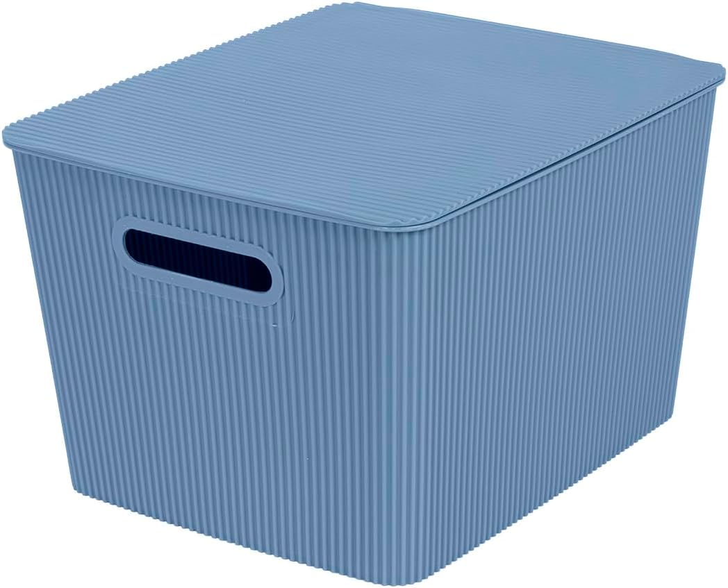 Glad Storage Baskets with Lids - Set of 4 Stackable Plastic Boxes with Handles - Decorative Shelf Organizer Bins for Bathroom and Closet, Blue, 3.1 Gallons
