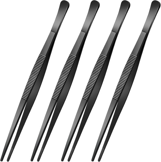 Yaomiao 4 Packs 12 Inch Bar Tweezers Silver Cocktail Tongs Long Garnish Tweezers Stainless Steel Bartender Kitchen Cooking Tongs for Cocktail Food Fruit Korean BBQ Bartender Chef, Multi-use