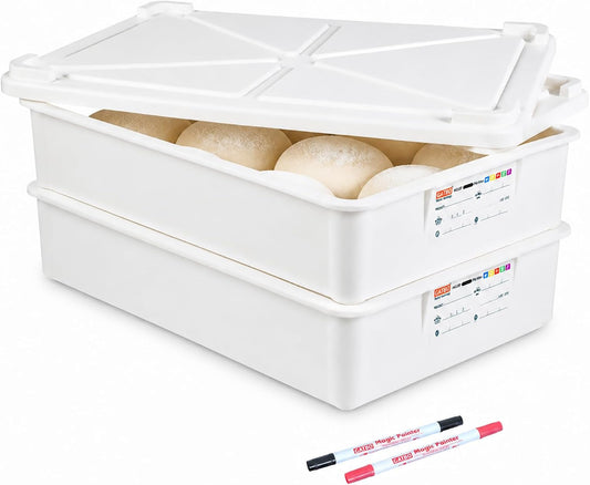 2 Pack Large Pizza Dough Proofing Boxes with Lids, Commercial Grade BPA-Free Proofing Containers, Fits Up to 10 Dough Balls, Stackable Dough Trays with FIFO Label Area & 2 Dry-Erase Markers