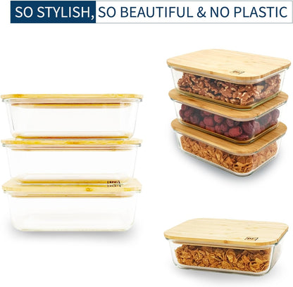 Glass Food Storage Containers with Bamboo Lids (4-Pack, 36oz) Airtight, Leakproof, BPA-Free Borosilicate Glass Meal Prep Containers – Eco-Friendly, Oven/Microwave/Freezer Safe-Plastic-Free & Reusable