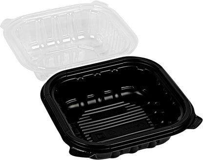 Thermo Tek 40 Ounce Clamshell Containers, 50 Disposable Take Out Boxes - 3 Compartments, Ventilated Lids, Black Plastic Meal Prep Containers, Microwavable, For Pasta Or Salads - Restaurantware