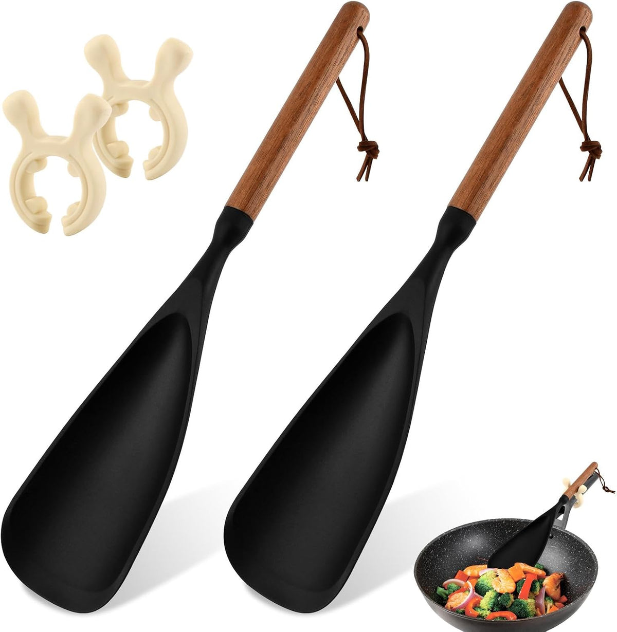 2Pack Cooking Spoon, Silicone Spoonula Spatula with Wooden Handle