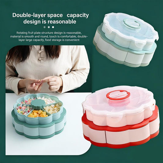 Divided Serving Tray that Spins - Perfect for Snacks, Dips & Party Appetizers,Rotating Snack Box Container with Lid,Double-Layer Lazy Susan Organizer Veggie Fruit Tray for Kitchen,Travel and Picnic