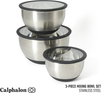 Calphalon Mixing Bowl Set, Stainless Steel Mixing Bowls With Lids, 3-Piece Stainless Steel Mixing Bowls with Glass Lids & Non-Slip Silicone Base, Prep and Storage Bowls Dishwasher Safe