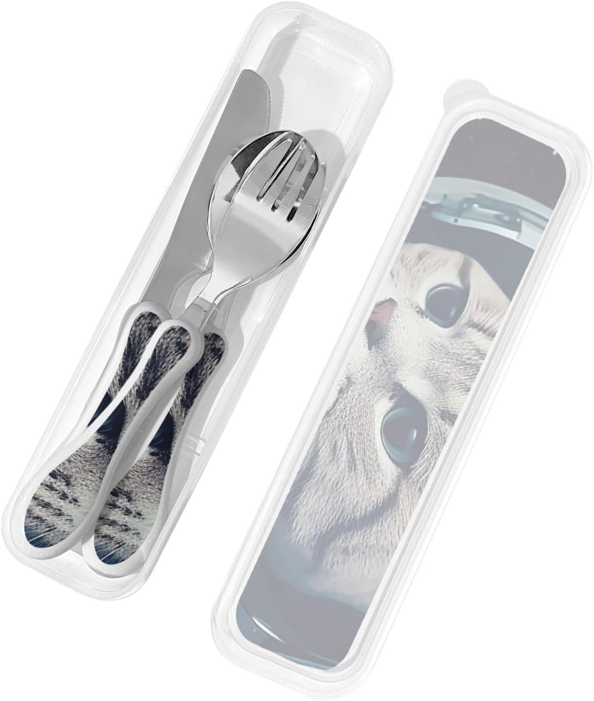 3-Piece Kids Silverware Set With Storage Case, Stainless Steel Reusable Children Safe Knife Spoon Fork Set Astronaut Cat Fish Children Flatware Set For Kids Lunch Box