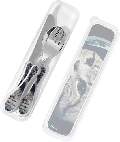 3-Piece Kids Silverware Set With Storage Case, Stainless Steel Reusable Children Safe Knife Spoon Fork Set Astronaut Cat Fish Children Flatware Set For Kids Lunch Box