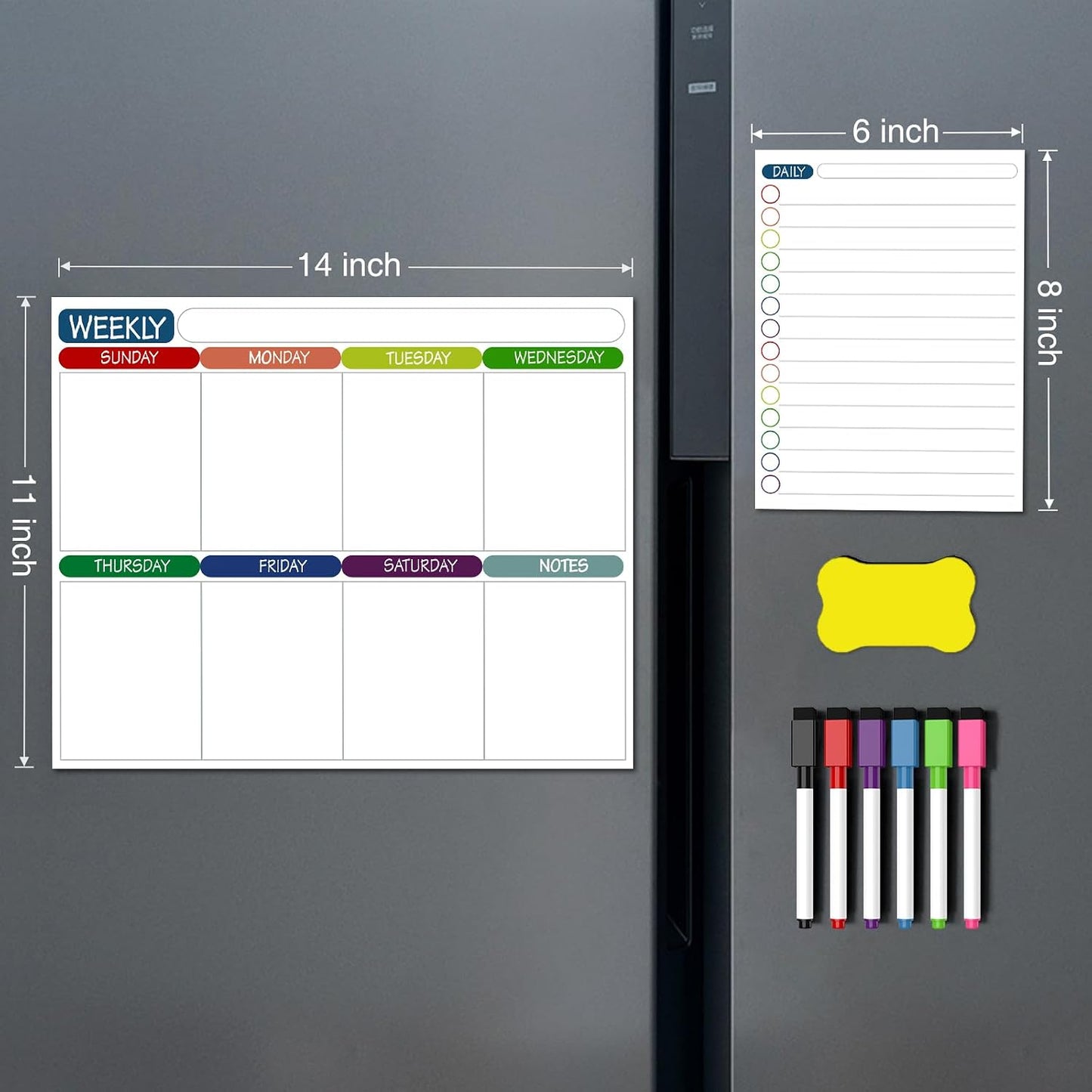 2Pcs Magnetic Calendar Whiteboard for Fridge, 11" x 14" Weekly Digital Calendar Daily Schedule Planner Organizer for Home School Office Refrigerator with 6 Markers and 1 Eraser