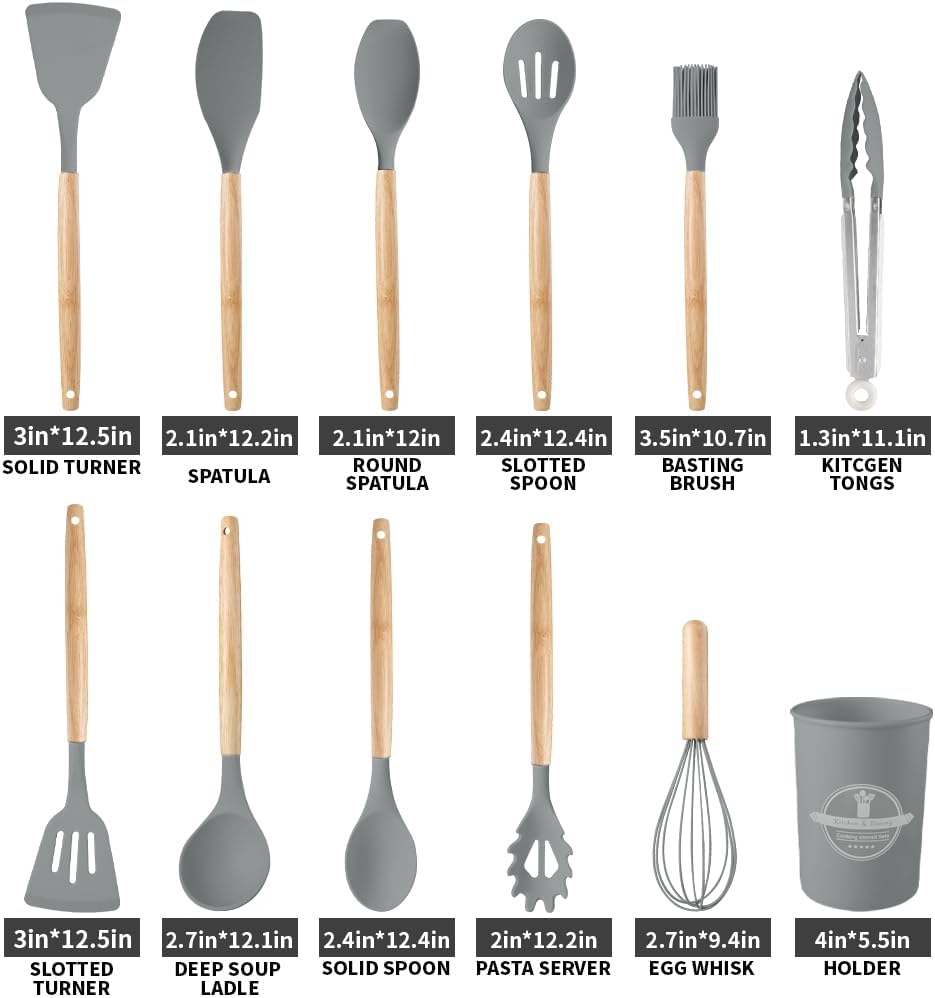 Silicone Cooking Utensils Set, 12Pcs Large Heat Resistant Kitchen Utensils, Turner Tongs, Spatula, Spoon, Wooden Handle Kitchen Gadgets with Holder for Nonstick Cookware, Dishwasher Safe (Grey)