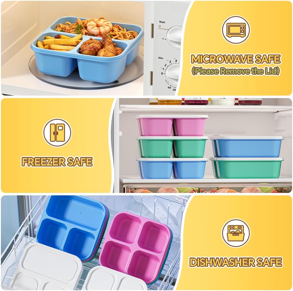 6 Pcs Snack Box Container Set, Reusable 3&4 Compartment Meal Prep Snack Containers for Adults Kids Toddler, BPA-Free Divided Lunchable Container for School, Work and Travel (Transparent Lids)